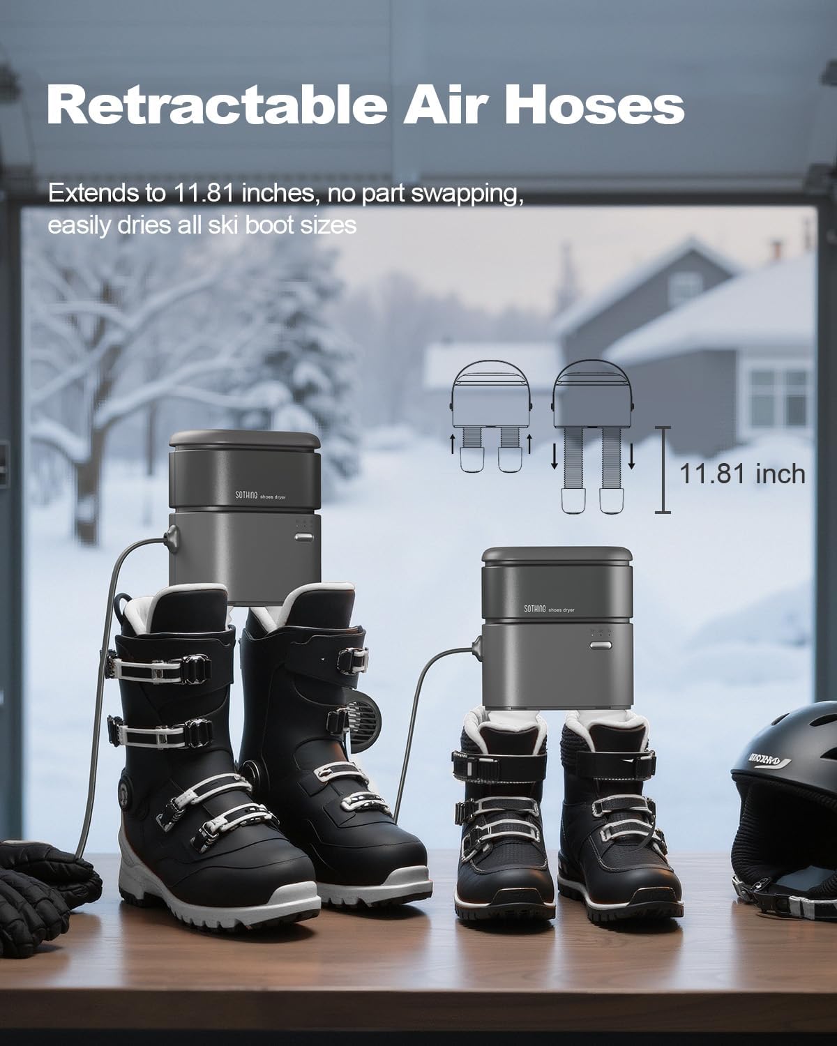Lang retractable hoses shown with ski boots