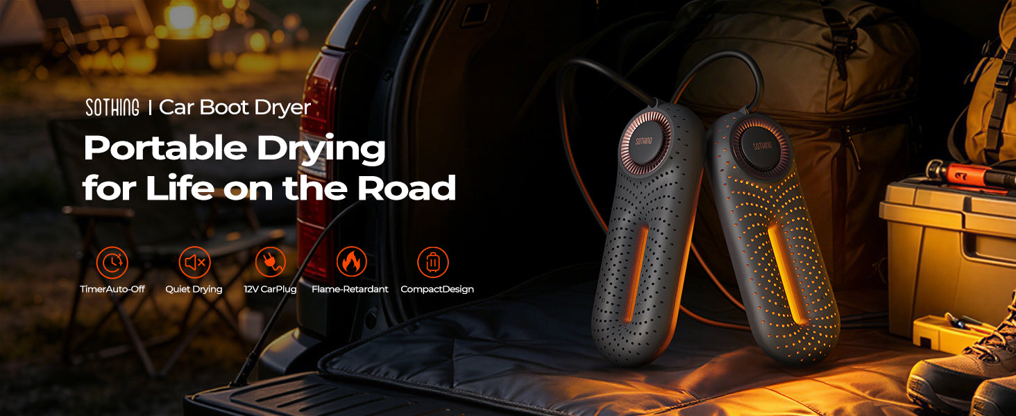 Zero Pro Go car boot dryer beside outdoor gear in a vehicle