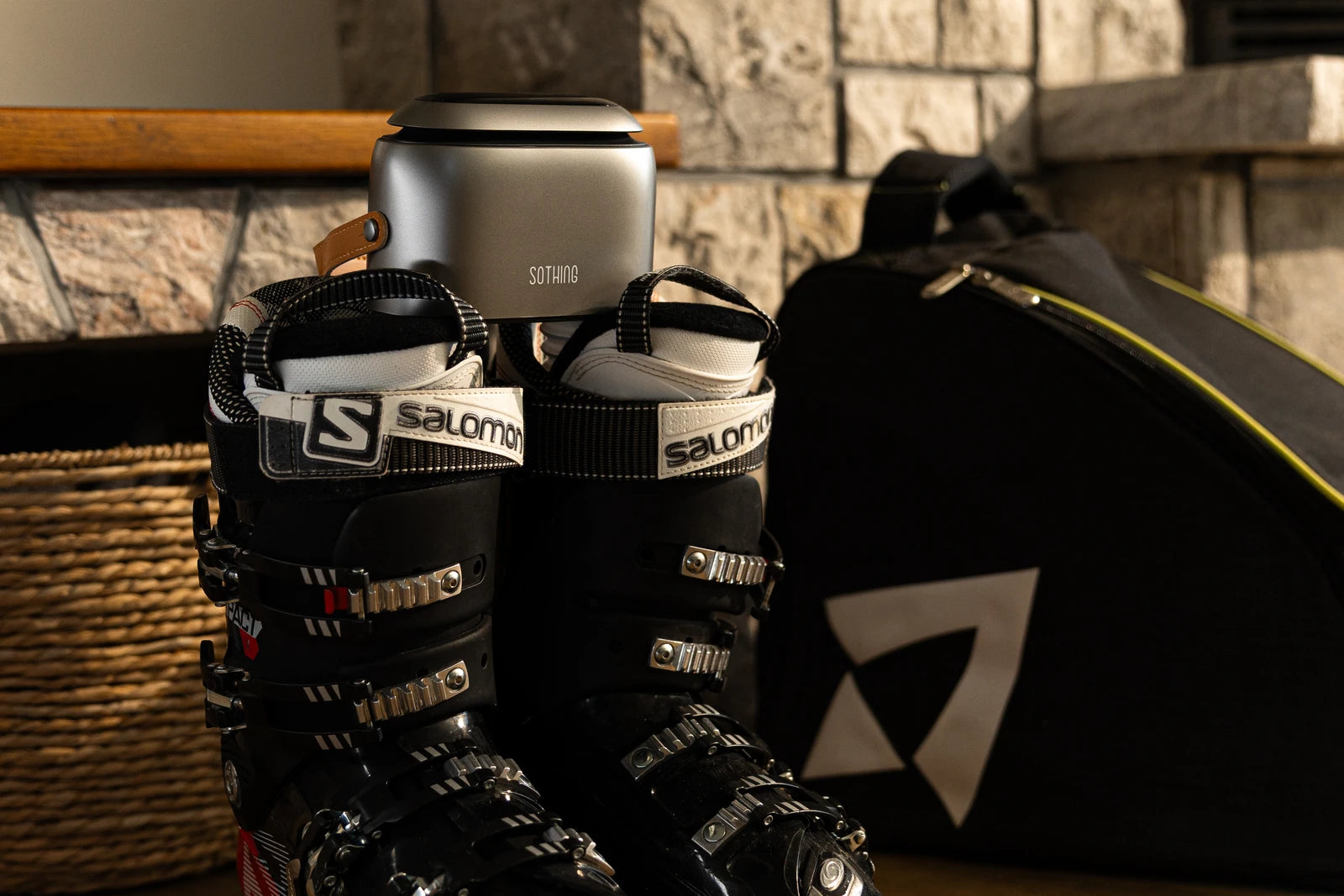 Ultra Grey above open ski boots in a lodge